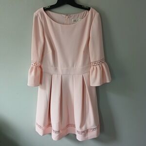 Eliza J Womens Size 12 Pink Knee Length Dress 3/4 Bell Sleeve Lattice Pocket NWT